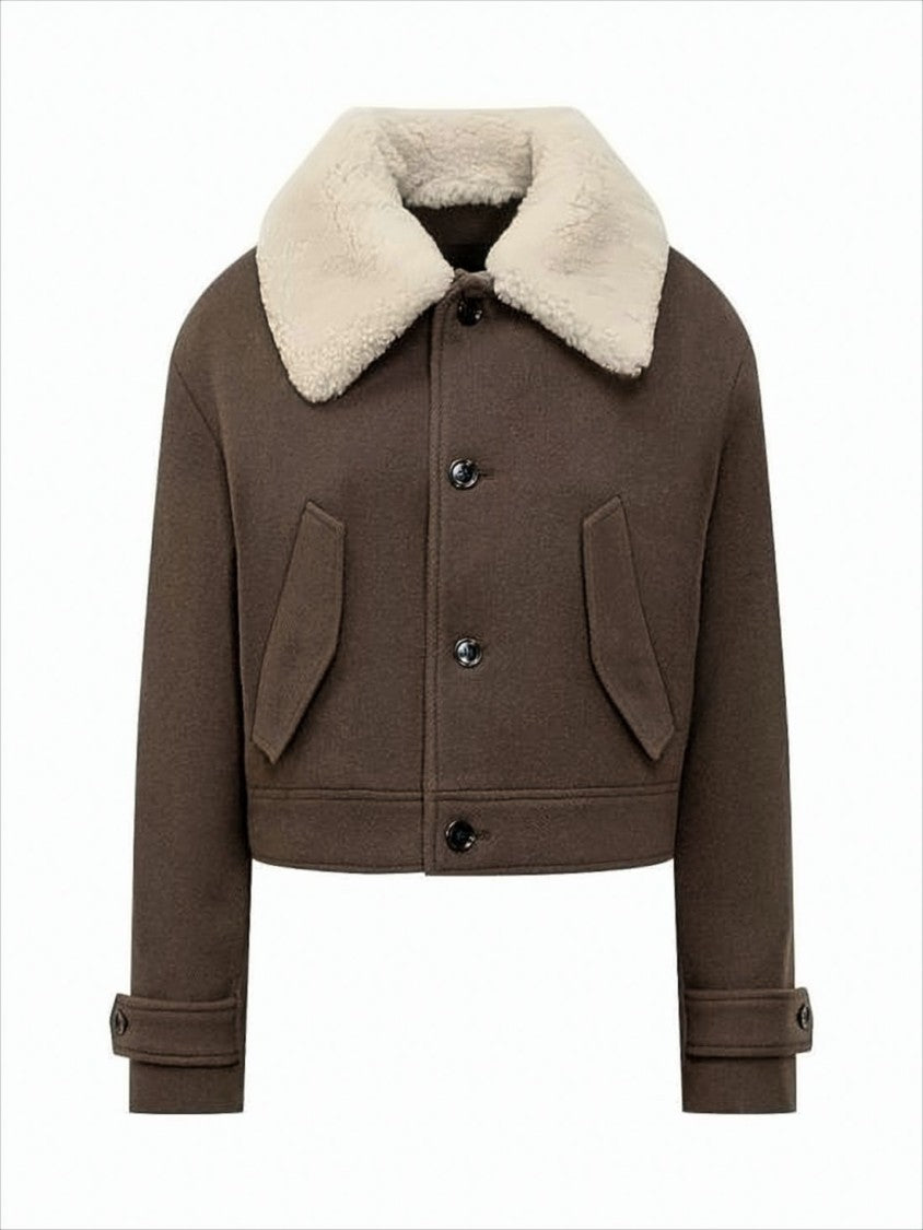 Ami Cropped Wool Jacket With Plush Shearling Collar