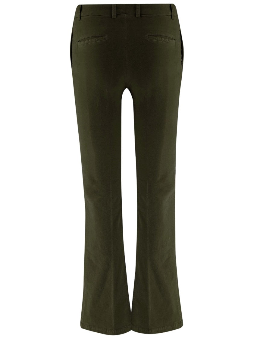 Ql2 Flared Dark Green Stretch Cotton Velvet Pants With Tailored Silhouette