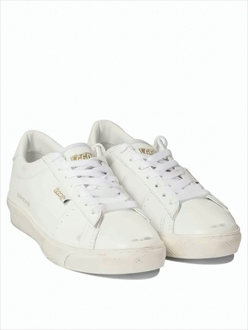 Golden Goose Distressed White Leather Low-Top Sneakers With Gold-Tone Branding