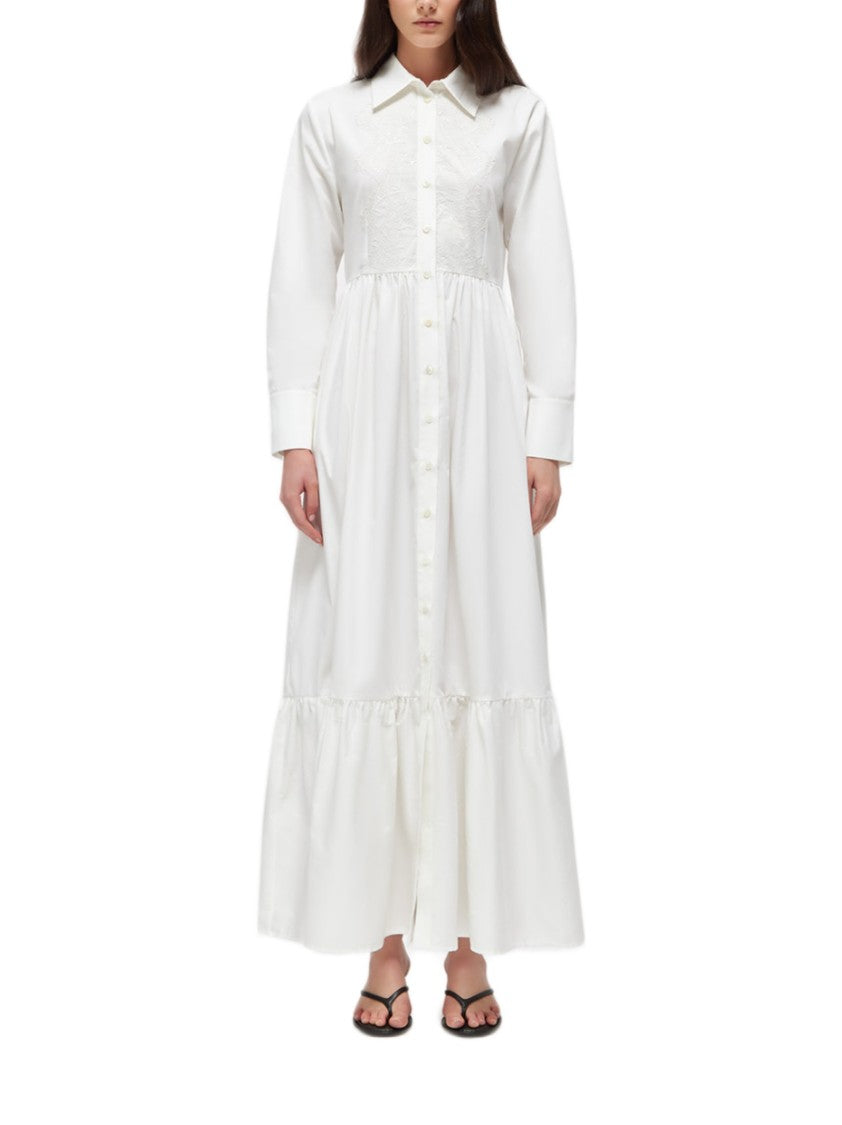Blugirl Long White Dress With Button-Down Front And Gathered Waistline