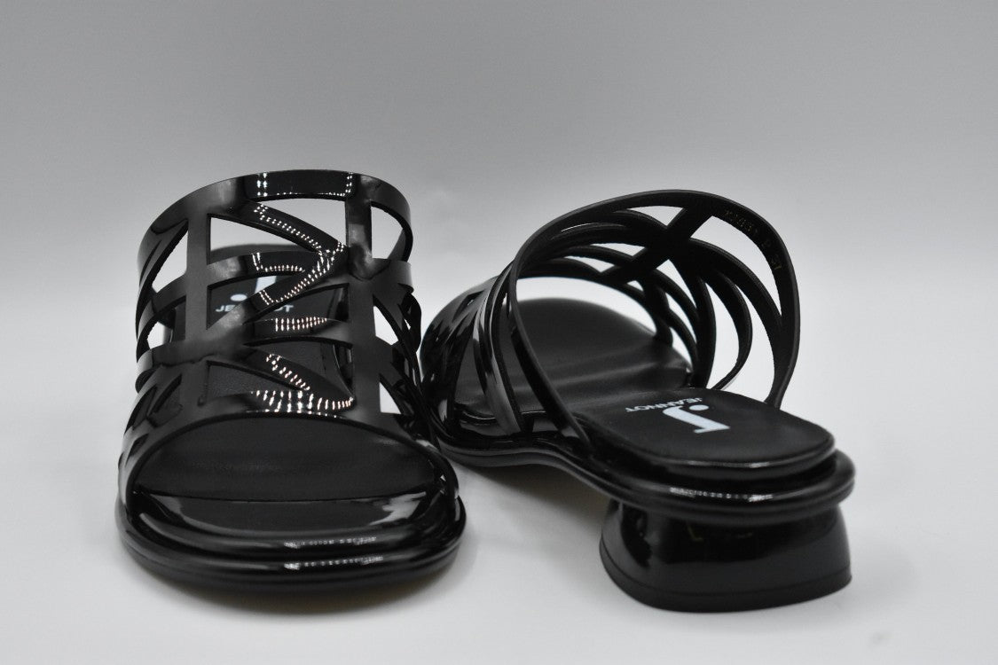 Jeannot Black Patent Low-Heeled Sandals With Intricate Cut-Out Design