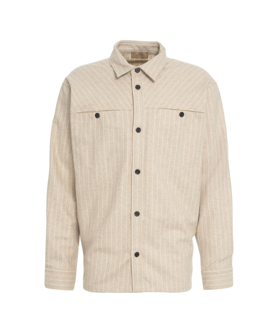 Rue De Tokyo Beige Striped Oversized Shirt Jacket With Functional Pockets