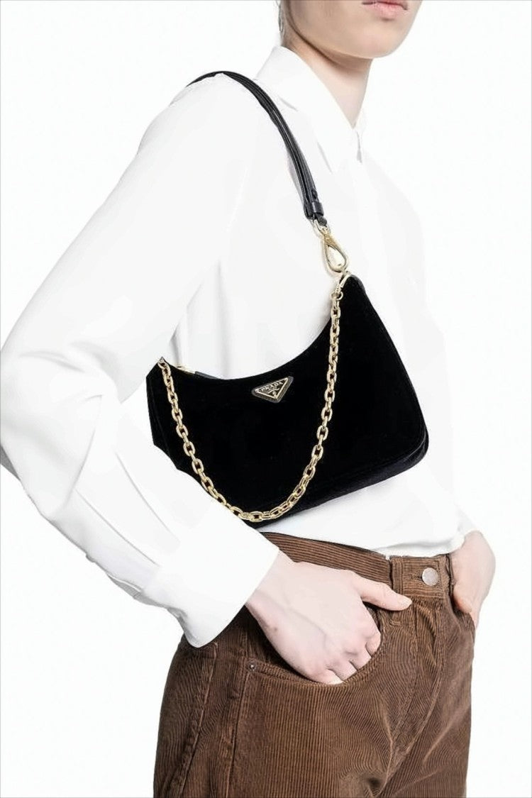 Prada Curved Black Shoulder Bag With Gold Accents