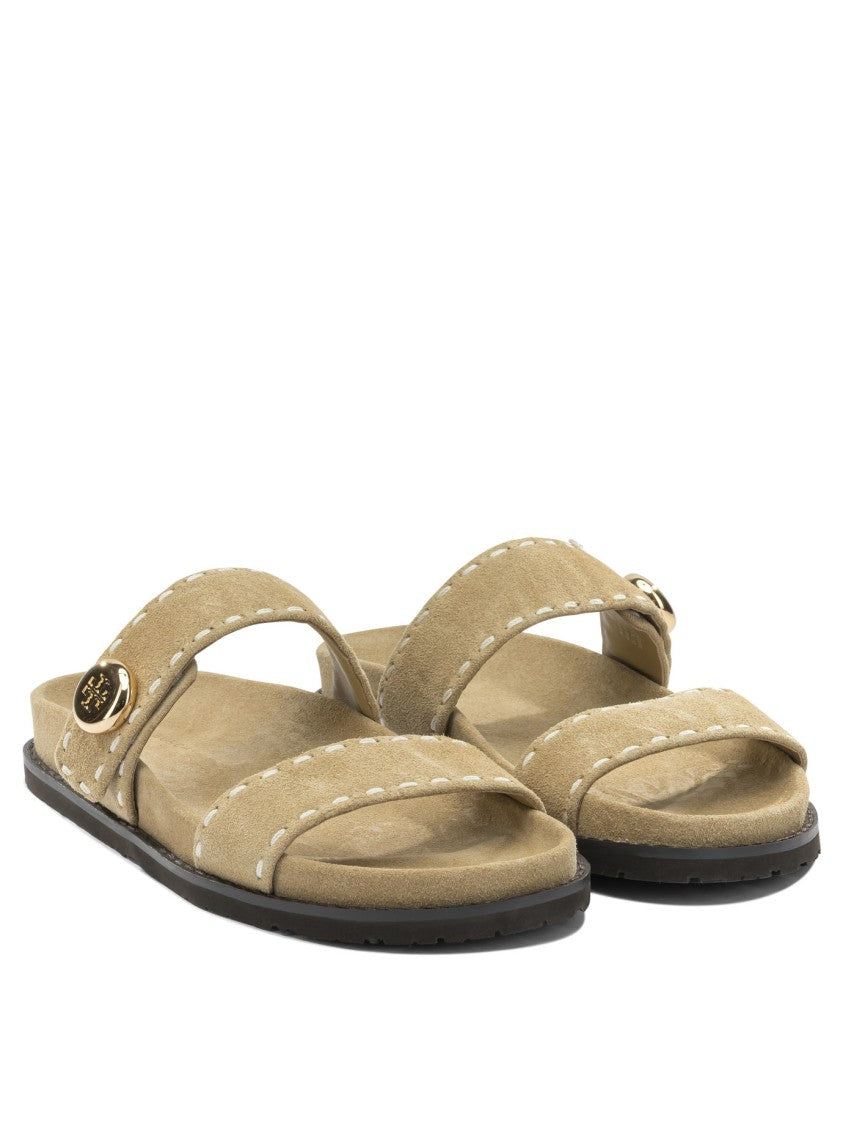 Tory Burch Suede Sandals With Gold-Tone Emblem