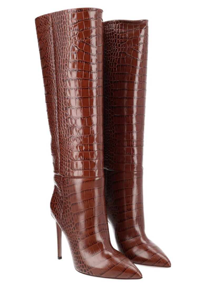 Paris Texas Brown Crocodile-Embossed Calfskin Stiletto Boots