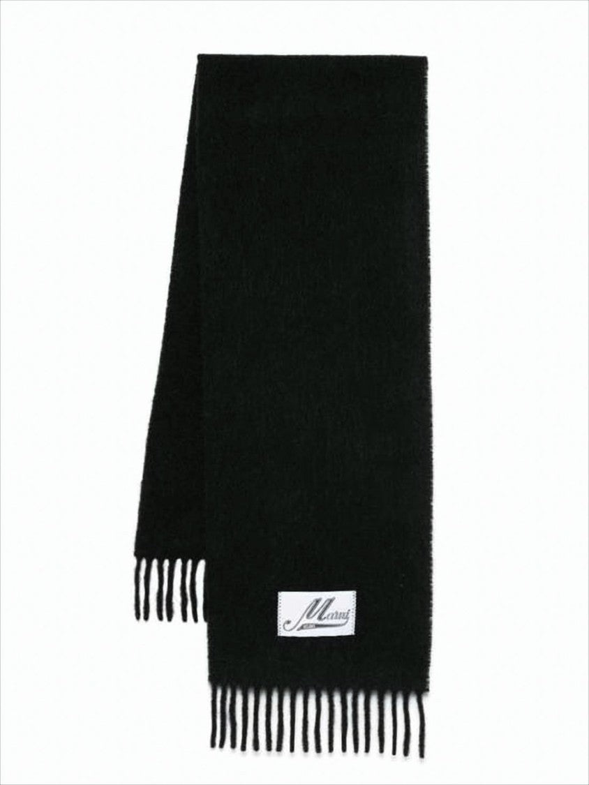 Marni Rectangular Black Alpaca Blend Scarf With Fringed Ends