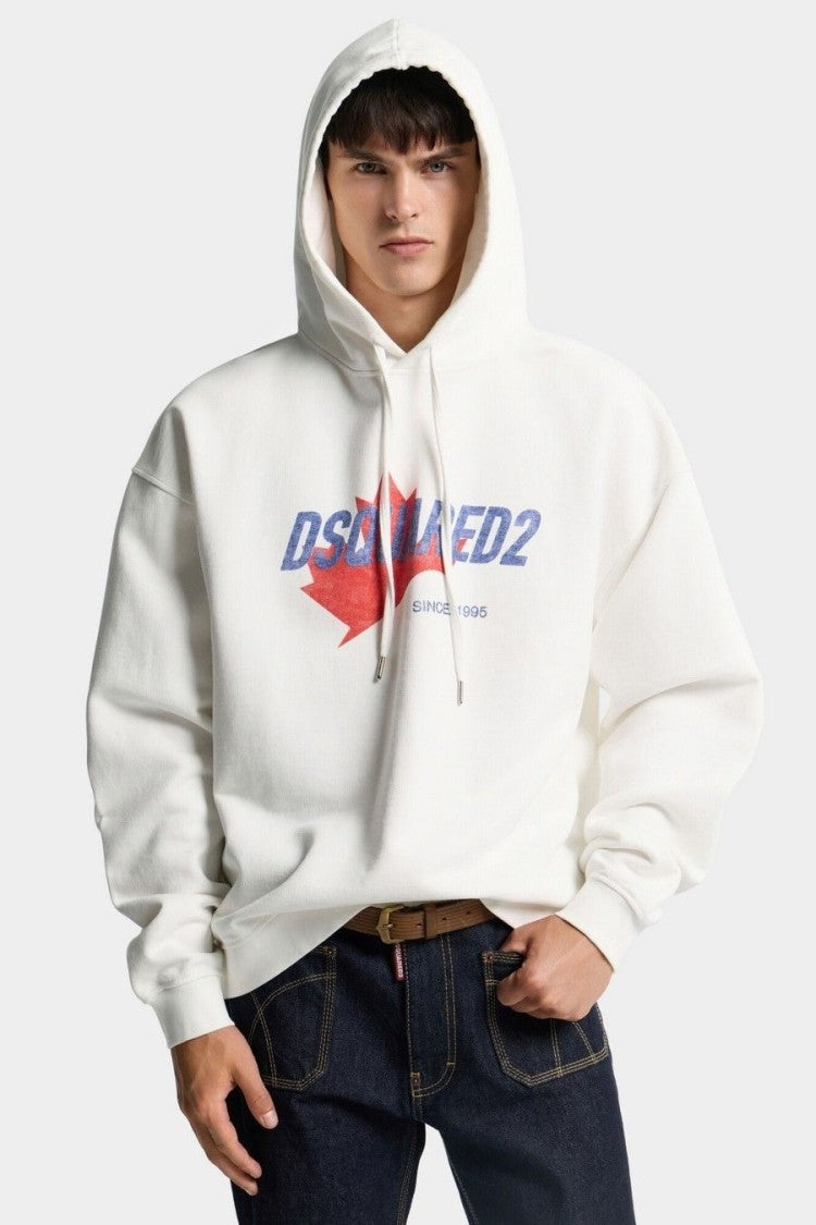 Dsquared2 White Maple Leaf Logo Printed Cotton Hoodie