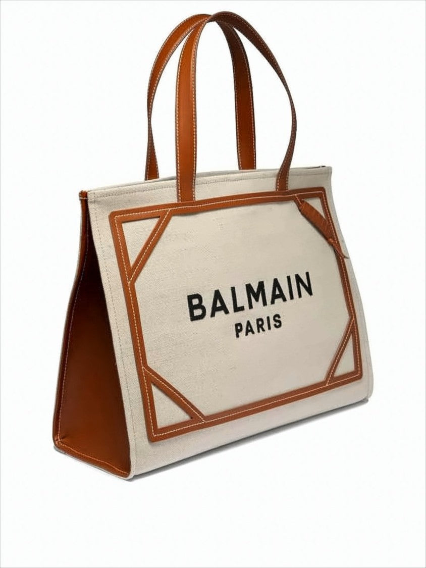 Balmain Structured Canvas Tote With Leather Trim