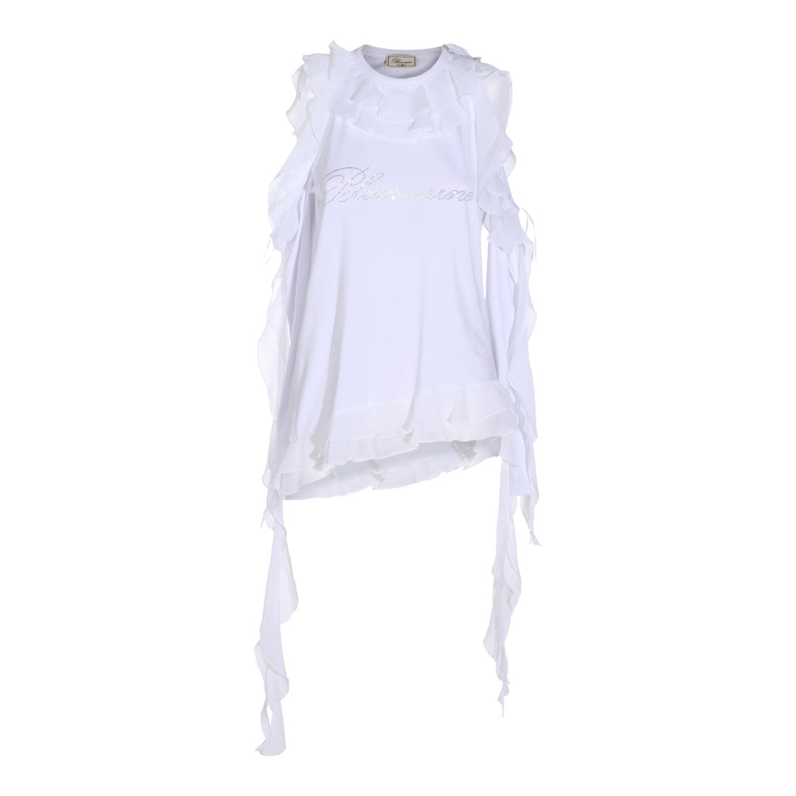 Blumarine Long-Sleeved Top With Ruffled Trims And Asymmetrical Hemline