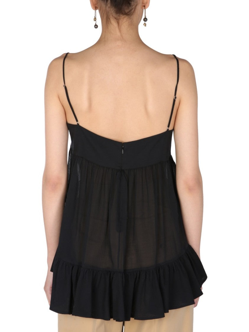 Alexander Mcqueen V-Neck Semi-Transparent Ruffled Cotton-Blend Tank Top