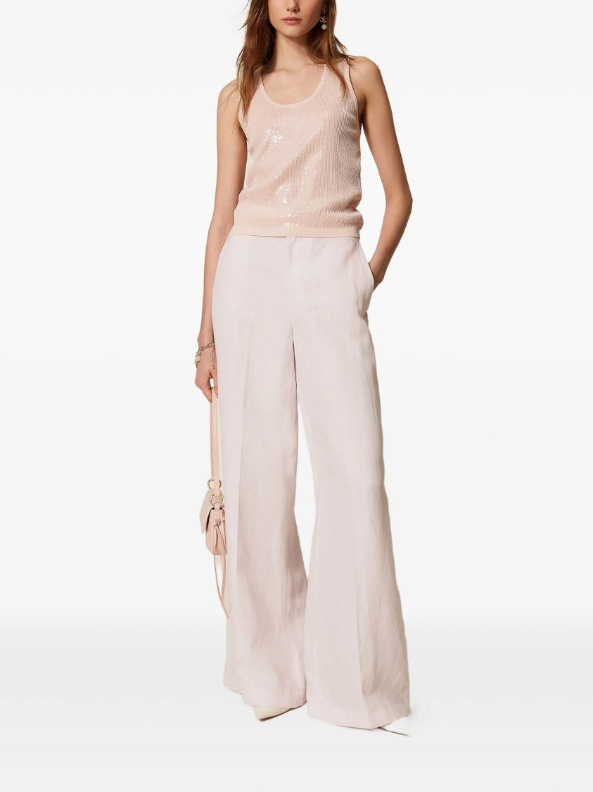 Twin-Set Neutral Top Scoop Neck Knit Top