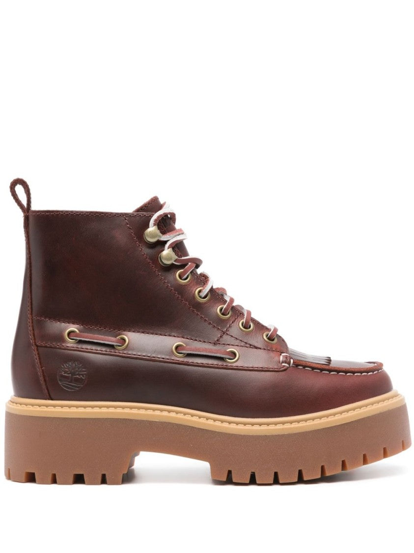 Timberland Bordeaux Leather Ankle Boots With Moccasin Stitching