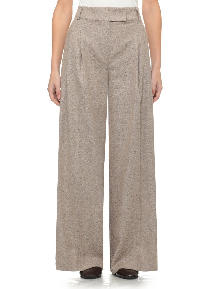 D. Exterior Beige High-Waist Wide-Leg Wool Pants