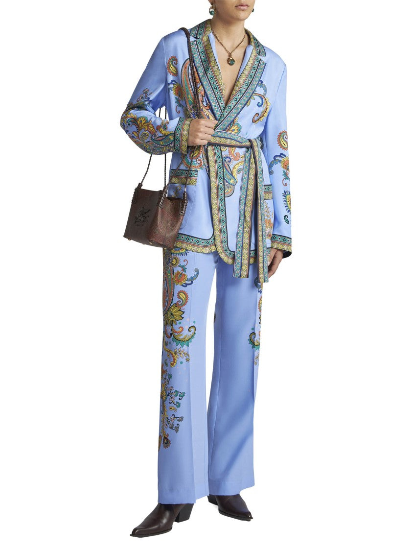 Etro Light Blue Silk Palazzo Trousers With Floral Print