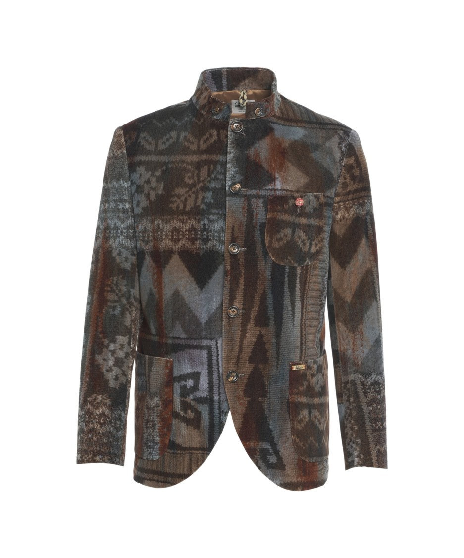 Luis Trenker Patchwork Knit Blazer With Stand-Up Collar And Artistic Flair