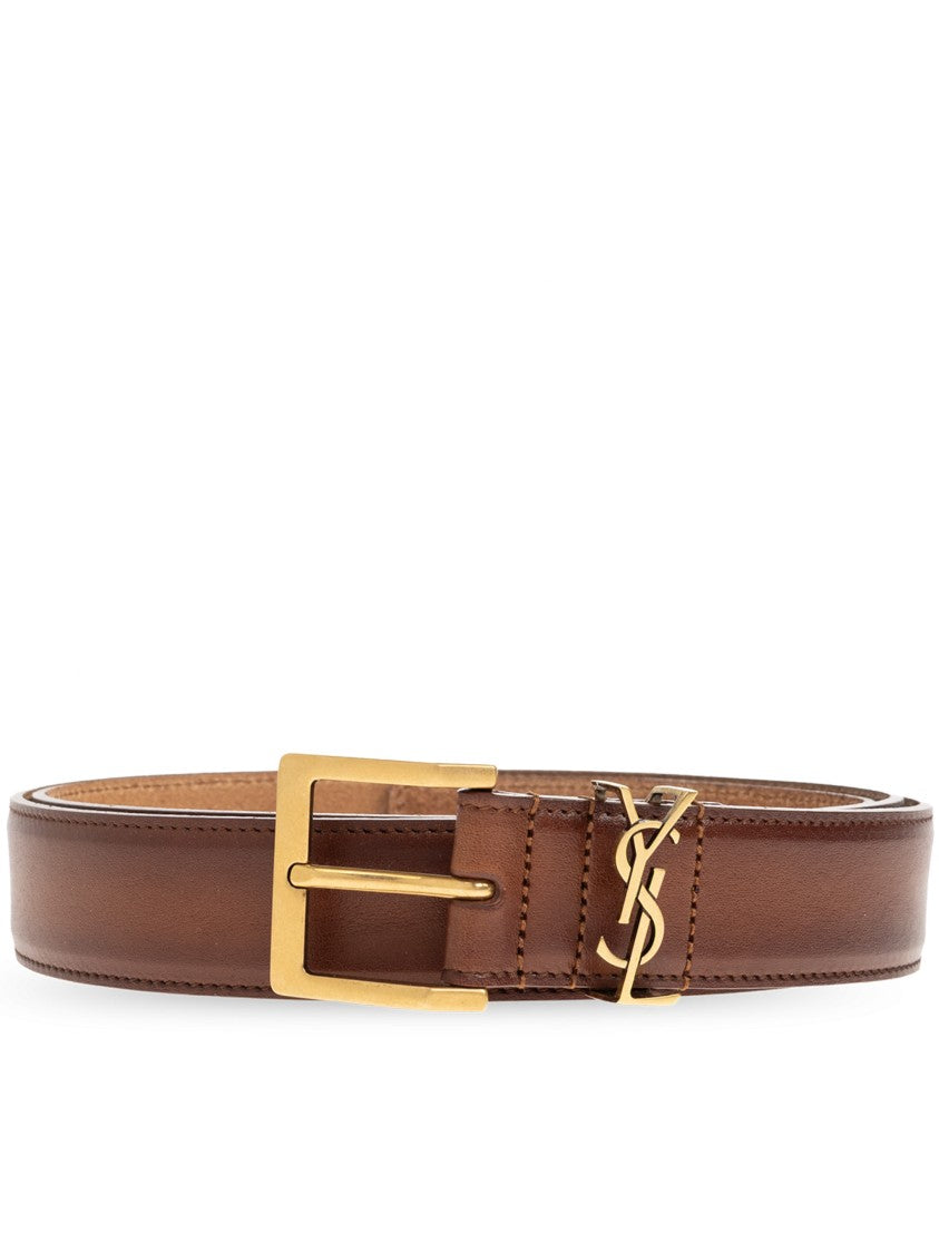 Saint Laurent Brown Ysl Logo Rectangular Buckle Leather Belt
