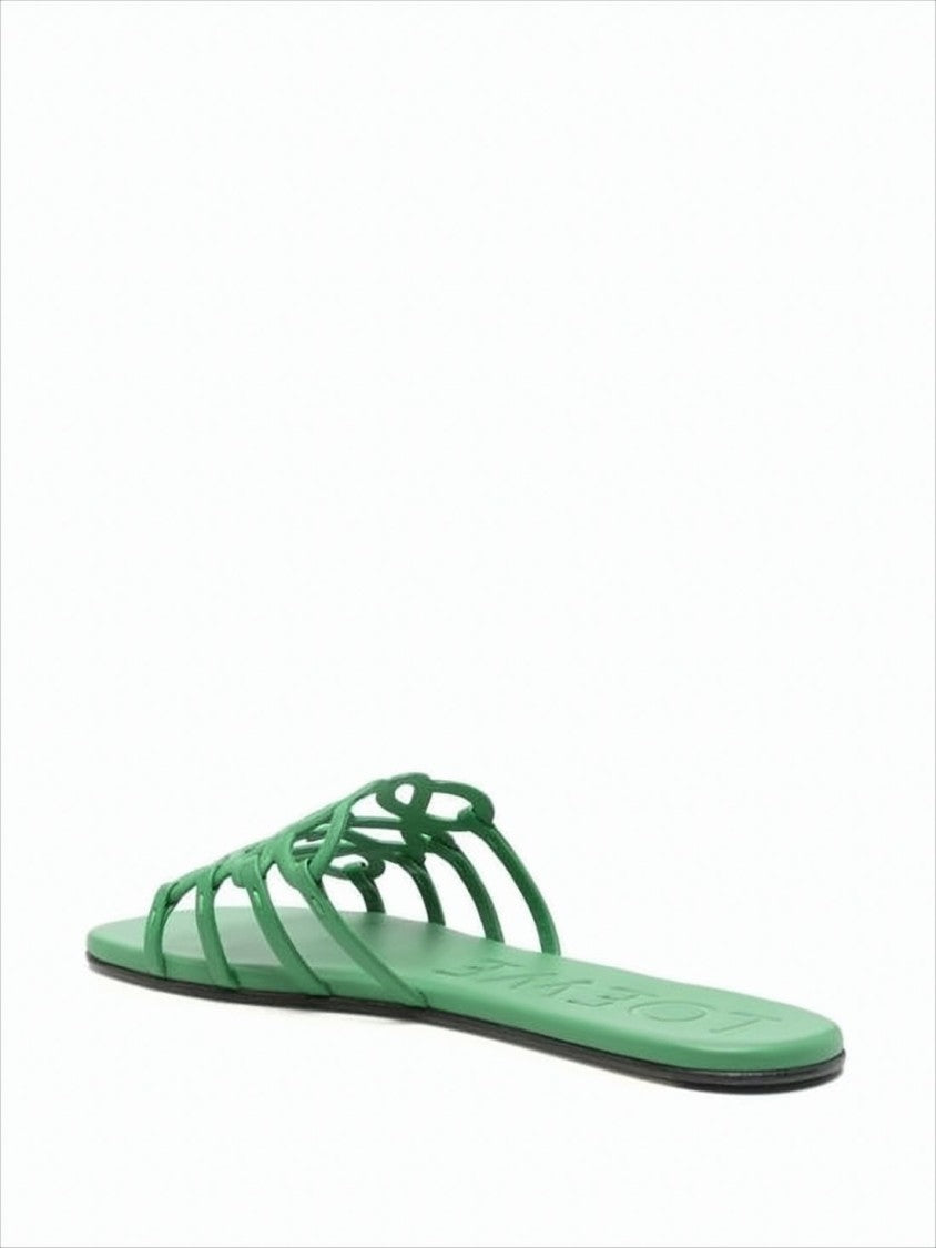 Loewe Intricate Loop Strap Green Calf Leather Slide Sandals