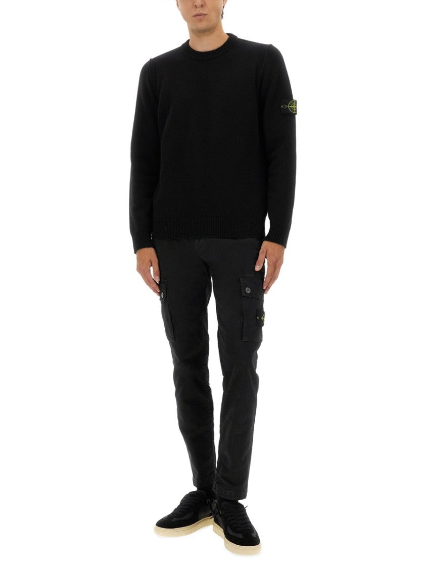 Stone Island Fitted Black Wool Jersey With Crew Neck