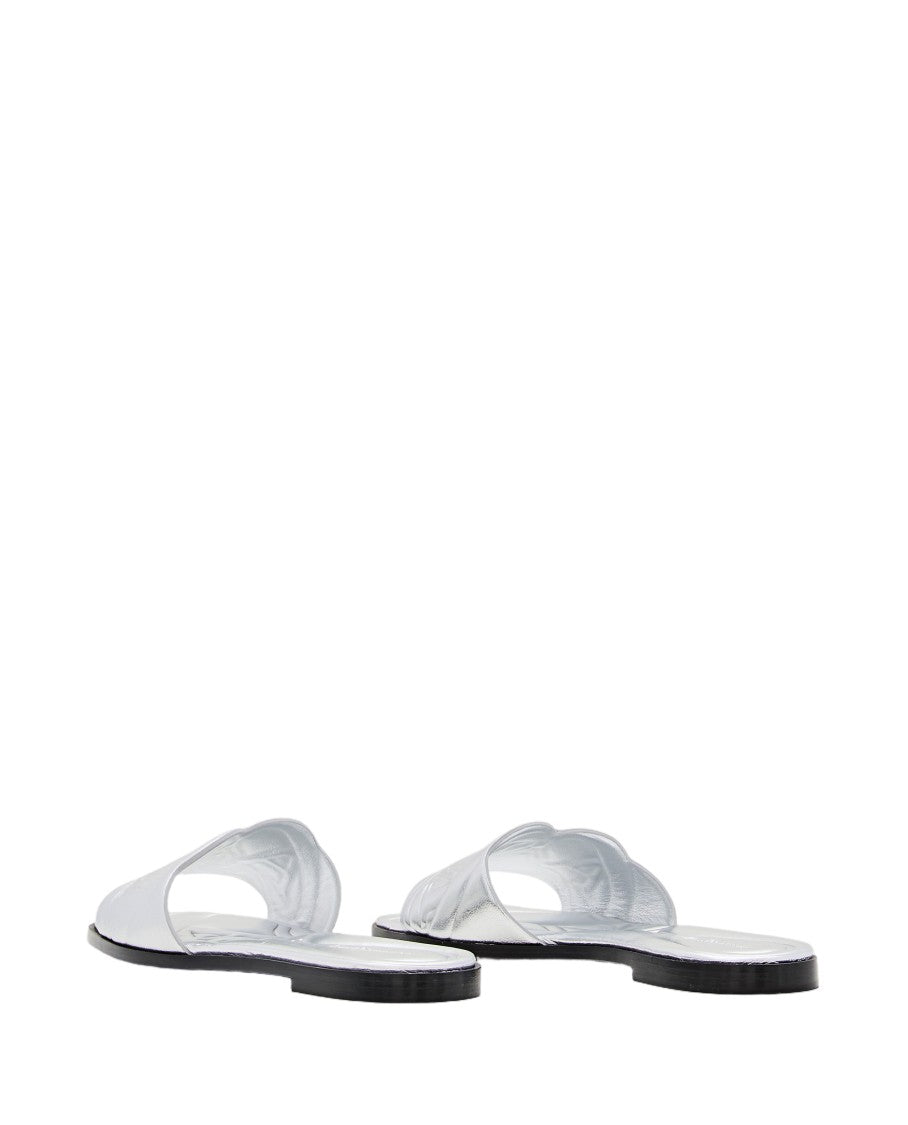 Alexander Mcqueen Metallic Silver Flat Slide Sandal With Embossed Strap