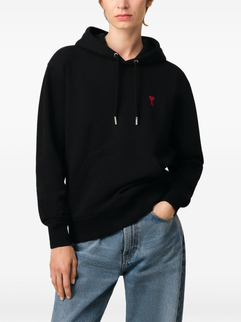 Ami Paris Black Hoodie With Adjustable Drawstring And Embroidered Heart