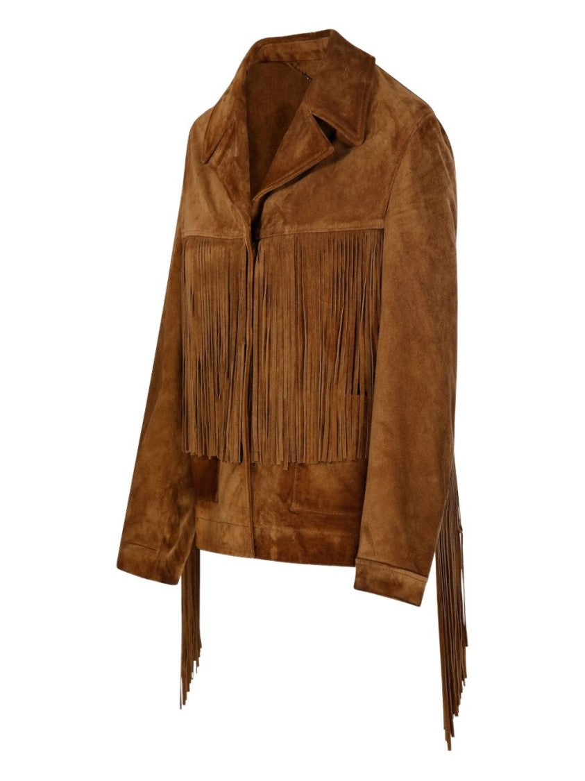 Golden Goose Brown Fringe-Detail Waxed Calf Leather Jacket