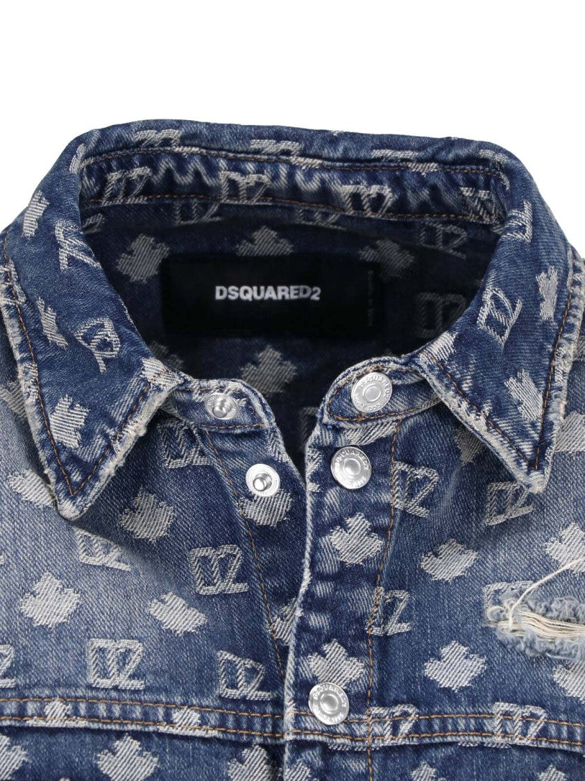 Dsquared2 Worn Wash Denim Shirt With All-Over Monogram Design