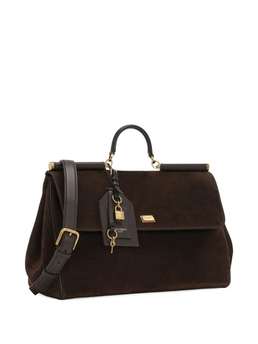 Dolce & Gabbana Structured Brown Suede Handbag With Gold-Tone Lock