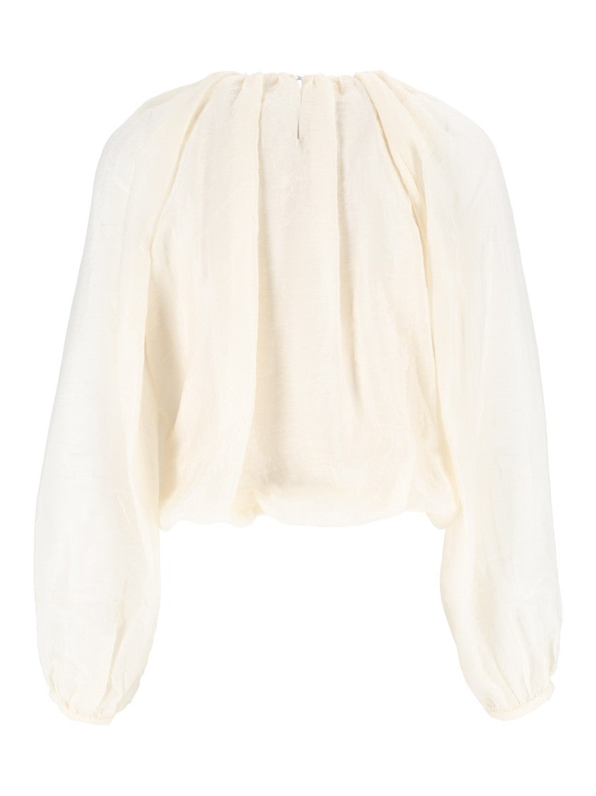 Eleh Cream Voluminous Sleeves Pleated Cropped Blouse