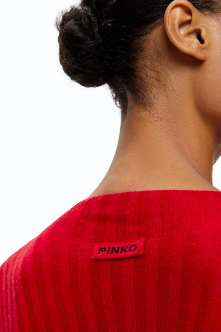 Pinko Red Wool Ribbed Mock-Neck Sweater