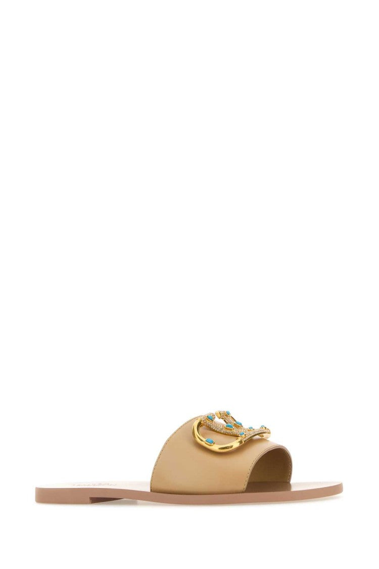Valentino Garavani Beige Leather Vlogo Slippers