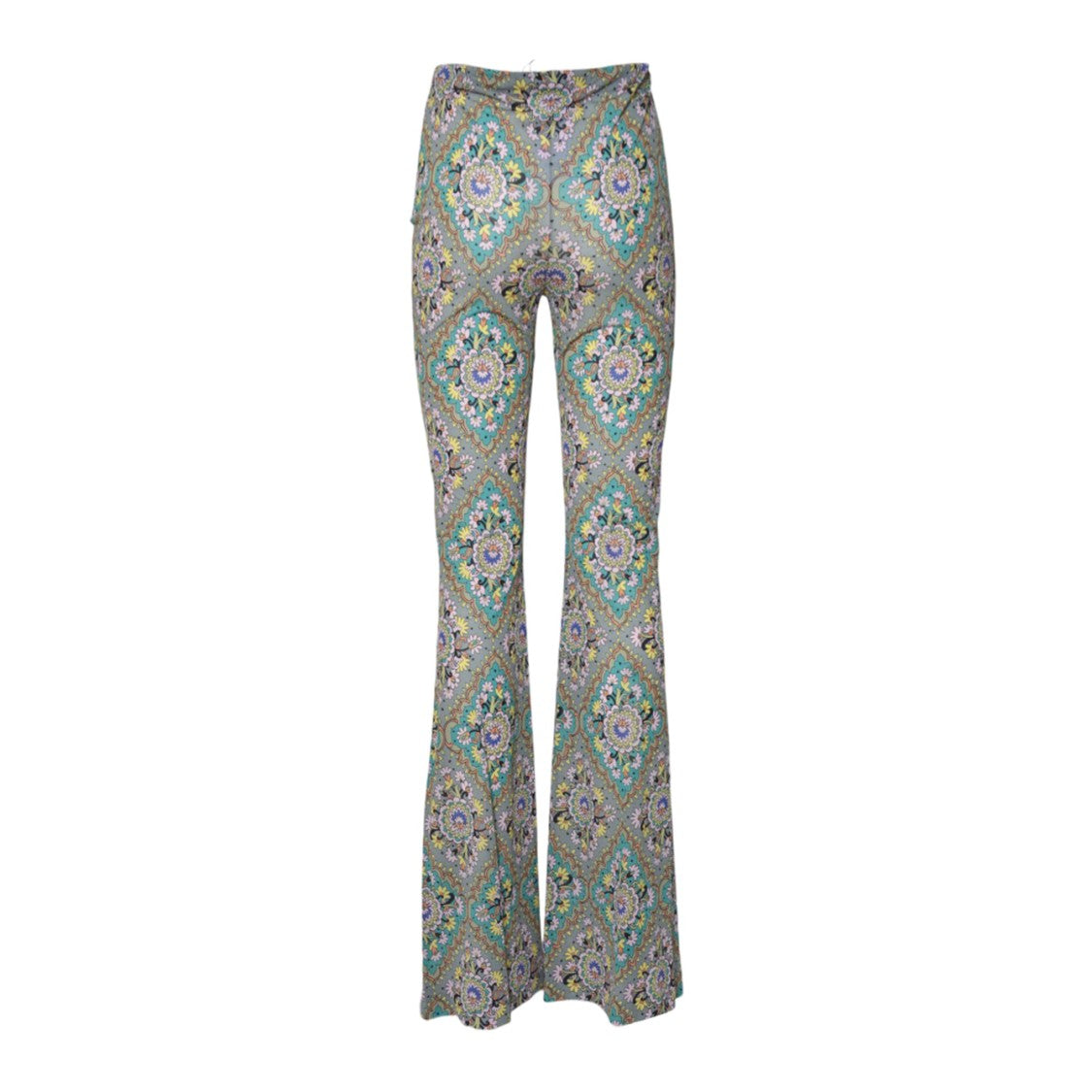 Etro Green Viscose Flare Pants Floral Medallion Print