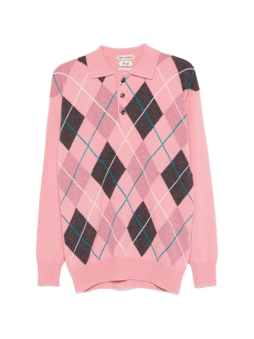 J. W. Anderson Grey Argyle Pattern Long-Sleeved Polo Sweater