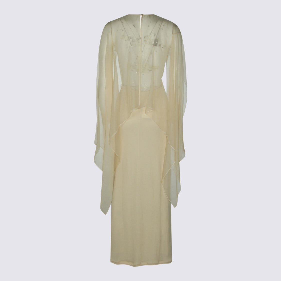 Alberta Ferretti Fitted Maxi Dress With Sheer Overlay And Flowing Sleeves