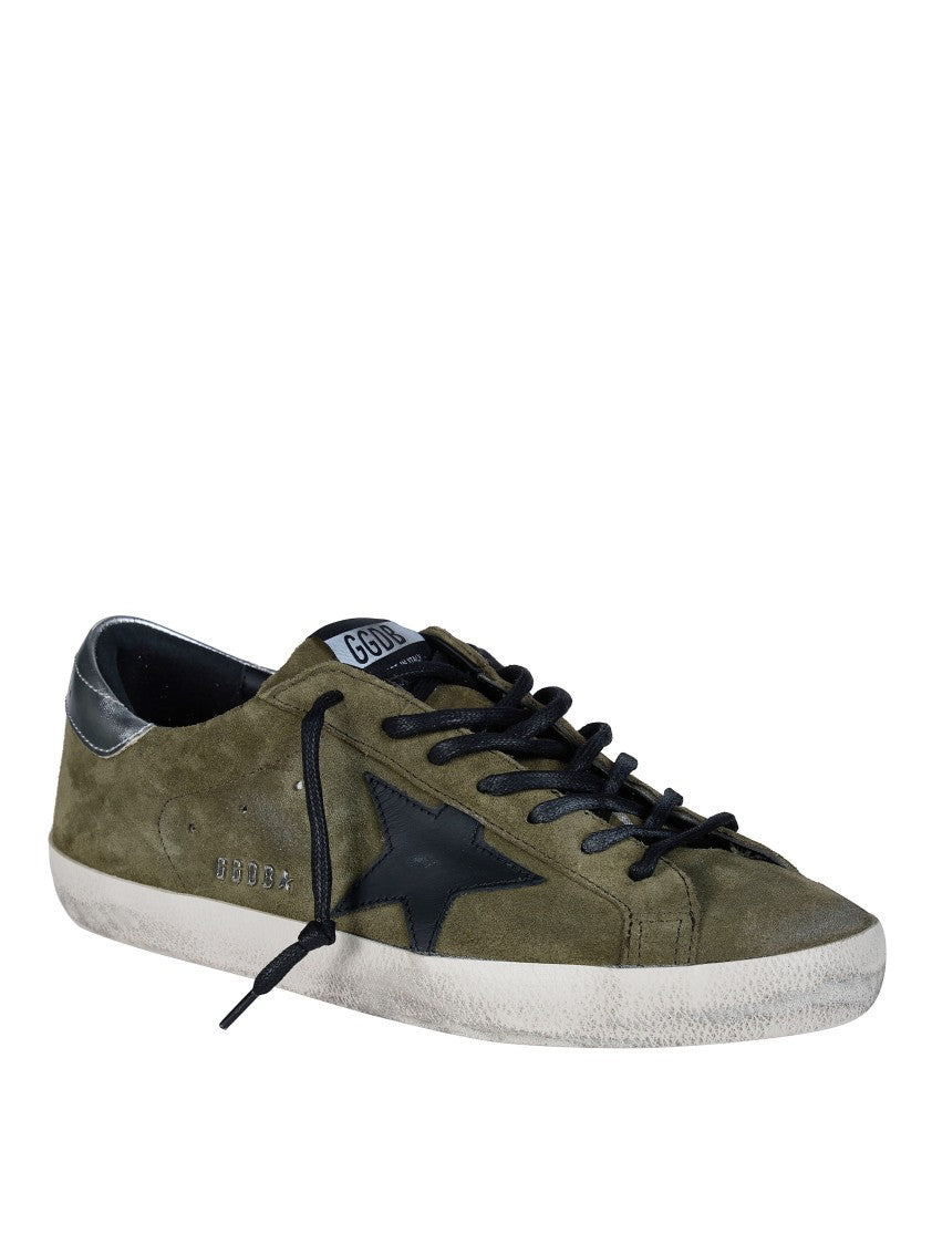 Golden Goose Super Star Distressed Olive Green Suede Sneakers