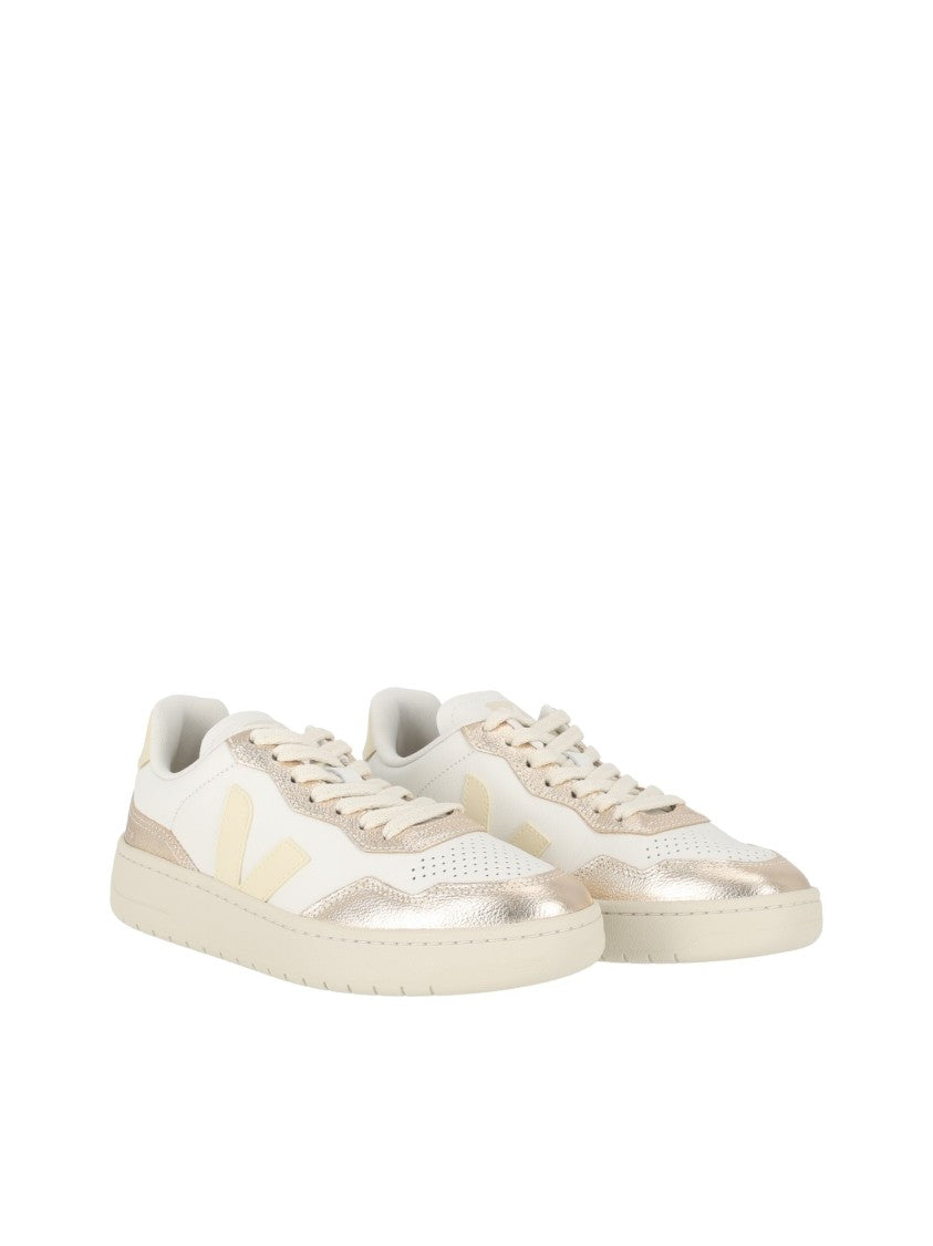 Veja White V-90 Metallic Accent Low-Top Sneakers