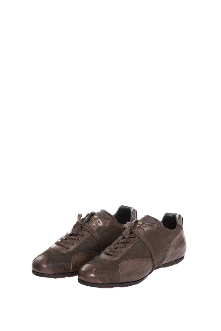 Pantofola D'oro Brown Canvas Greased Leather Hand-Stitched Sneakers
