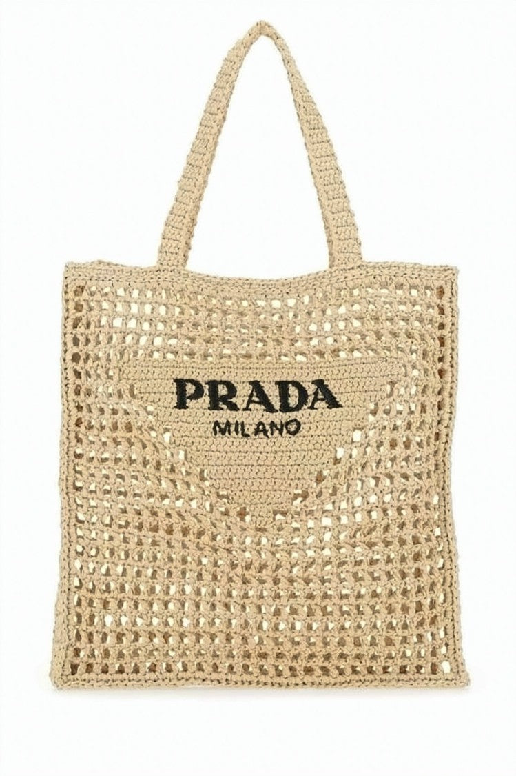 Prada Open Crochet Raffia Tote Bag With Triangular Patch