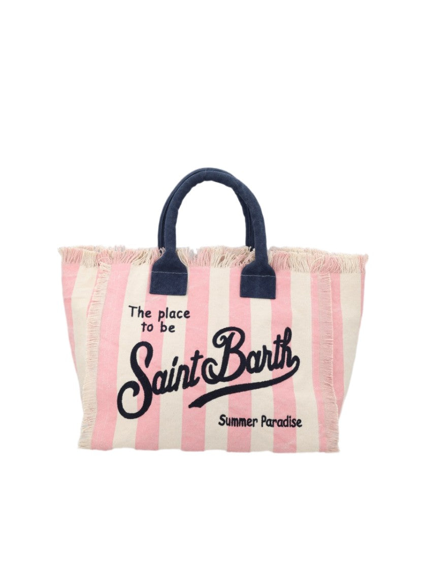Mc2 Saint Barth Medium Canvas Tote Bag With Striped Design And Fringed Edges
