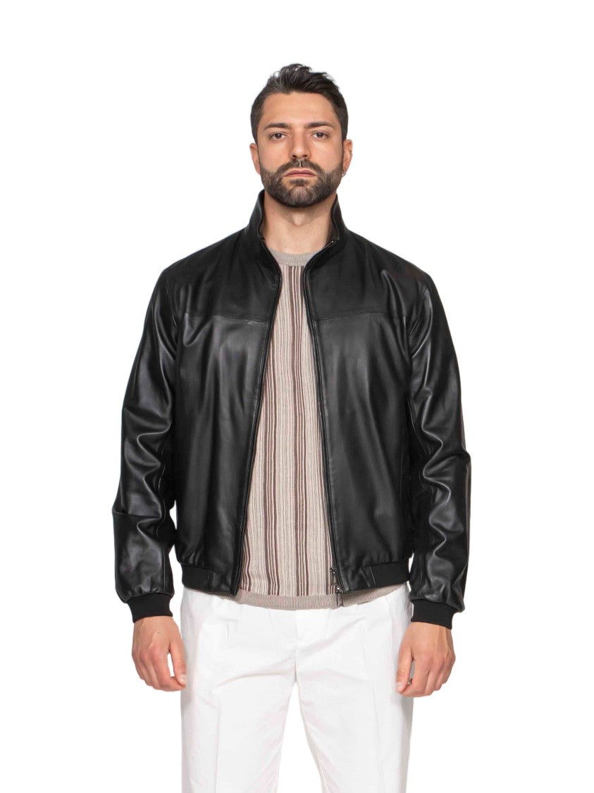 Emporio Armani Black Minimalist Leather-Finish Blouson Jacket