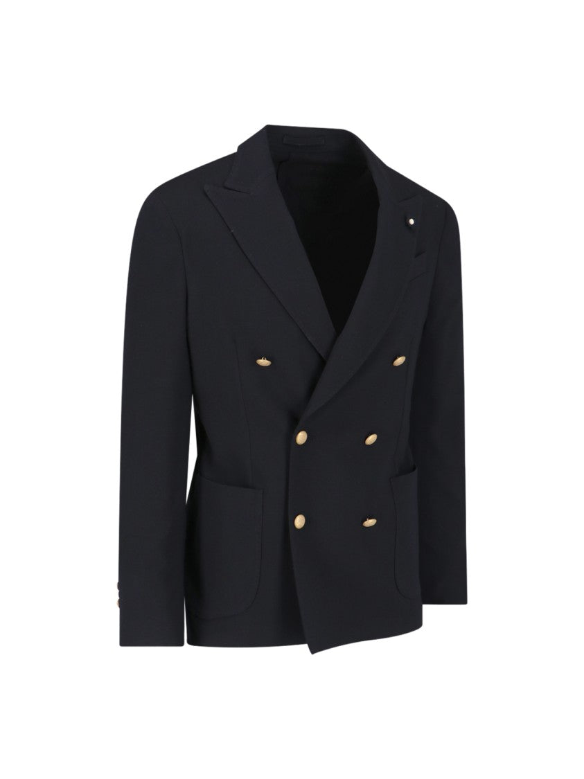 Lardini Blue Double-Breasted Wool-Blend Blazer