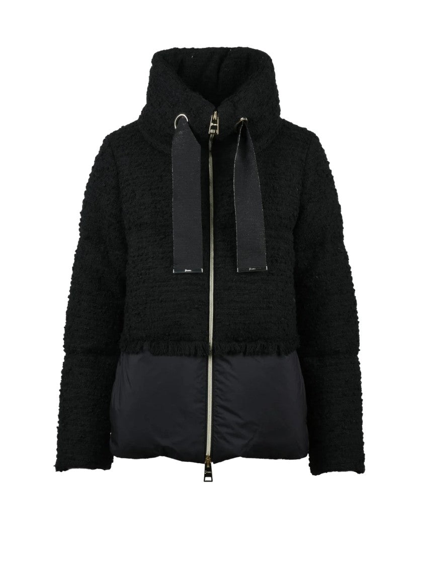 Herno Black Bouclé Virgin Wool-Blend Cropped Down Jacket