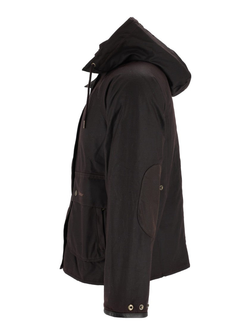 Barbour Cropped Black Waxed Cotton Jacket With Hood And Flap Pockets