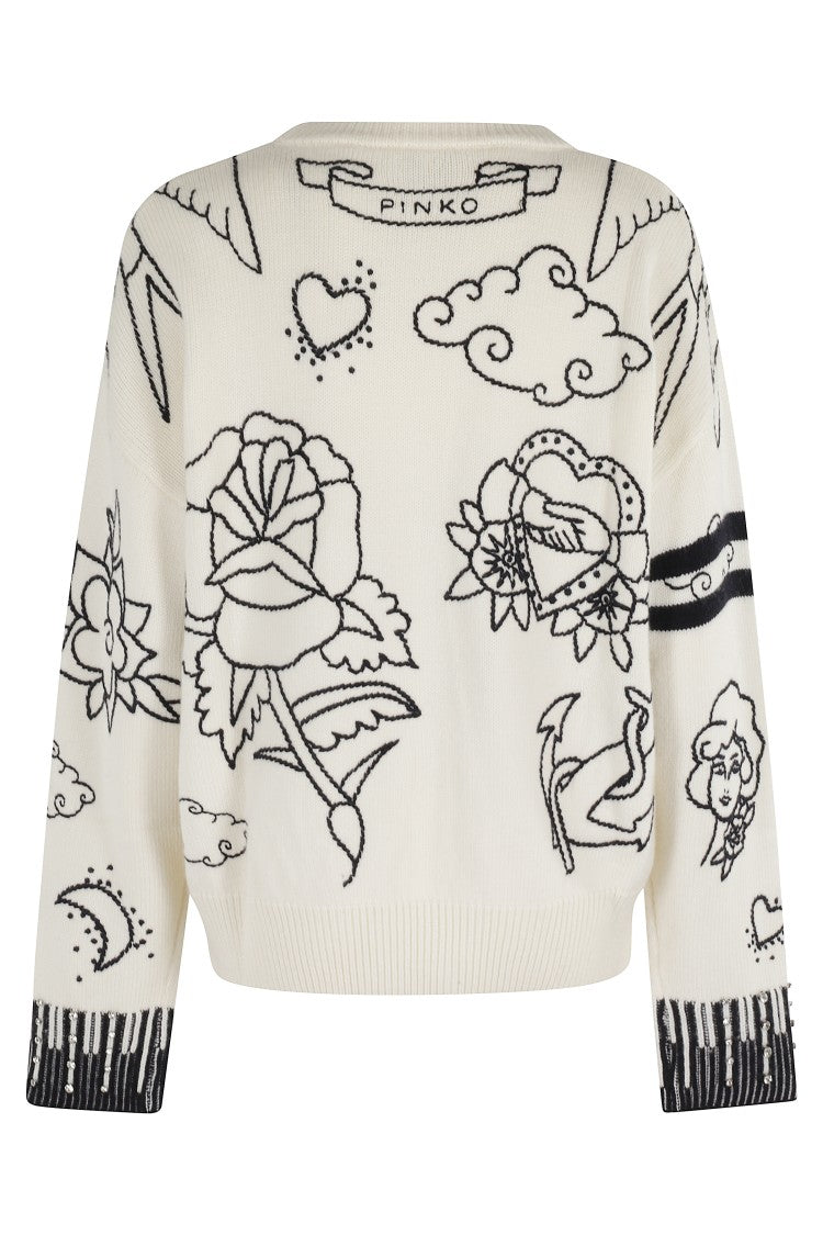 Pinko Artistic Embroidered Wool Sweater With Jewel Accents