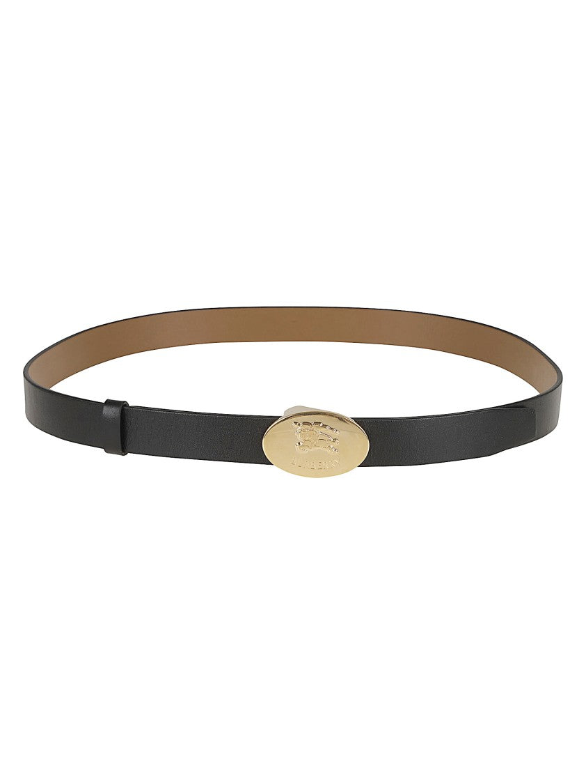 Burberry Slim Black Leather Belt With Oval Gold Buckle
