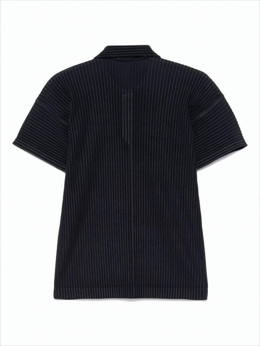 Homme Plissé Issey Miyake Textured Pleated Black Polo Shirt With Classic Collar