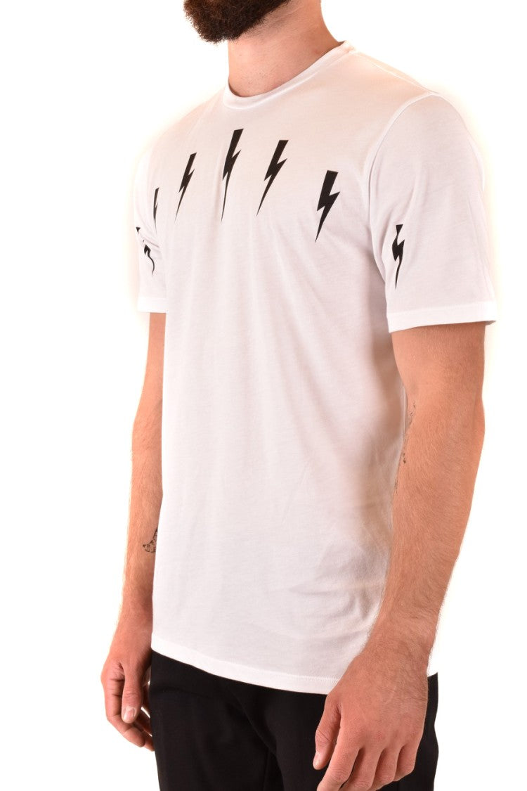 Neil Barrett White T-Shirt With Black Lightning Bolt Motifs
