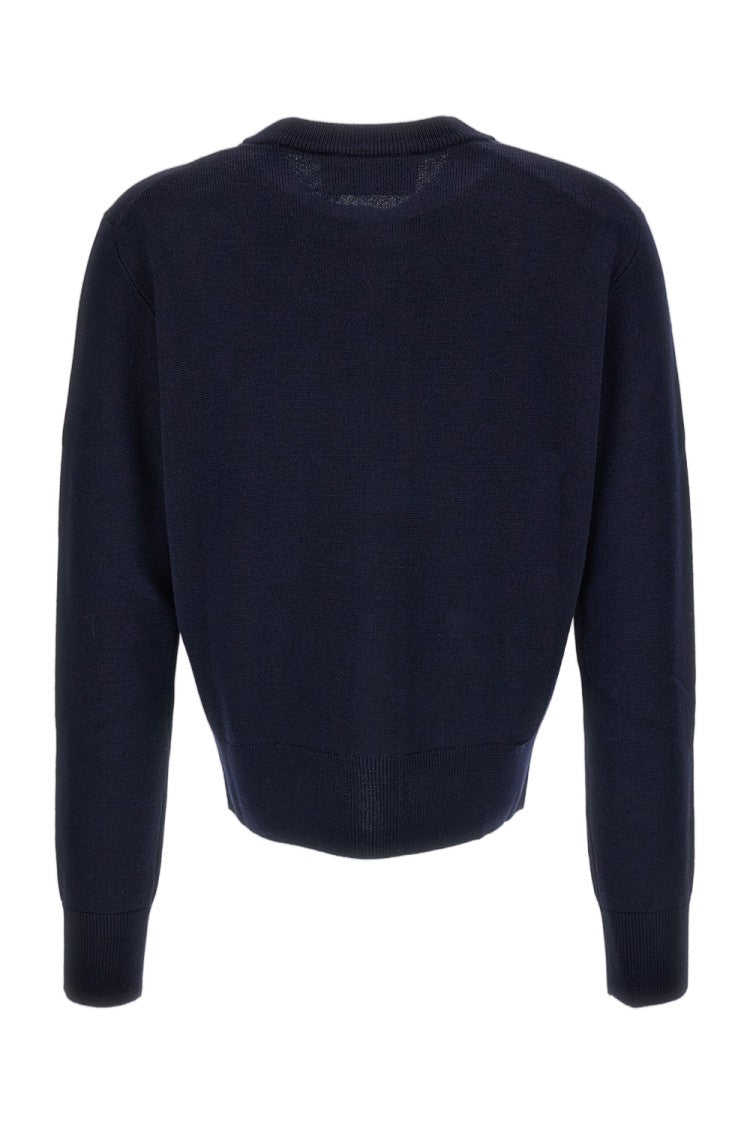 Ami Paris Blue Ami De Coeur Merino Wool Crewneck Cardigan