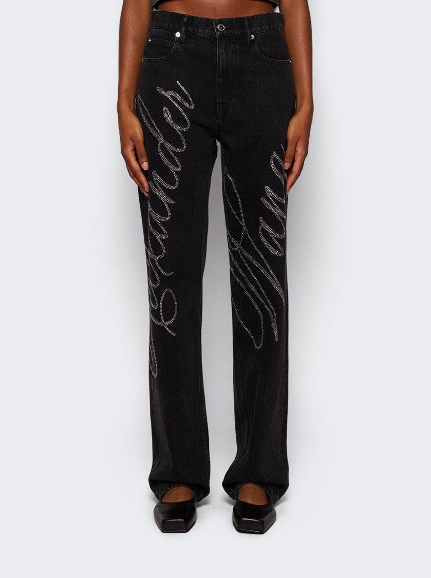 Alexander Wang Ez Mid Rise Jean In Crystal Hotfix Logo Grey Aged