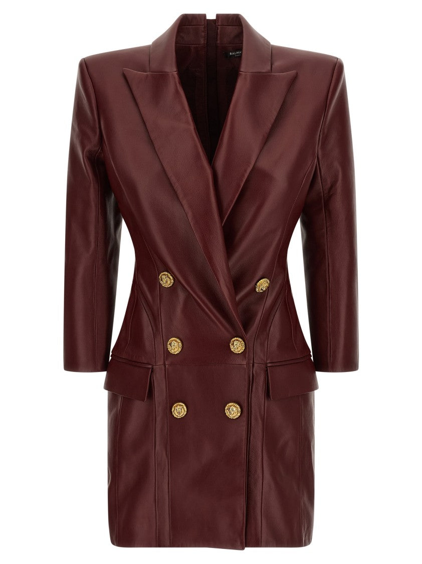 Balmain Burgundy Leather Mini Blazer Dress With Tailored Silhouette