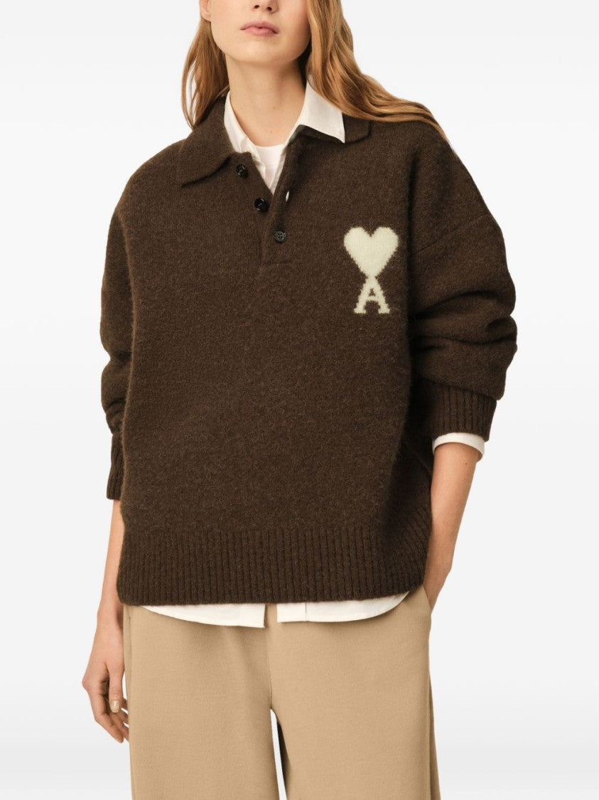Ami Paris Textured Knit Sweater With Polo Collar